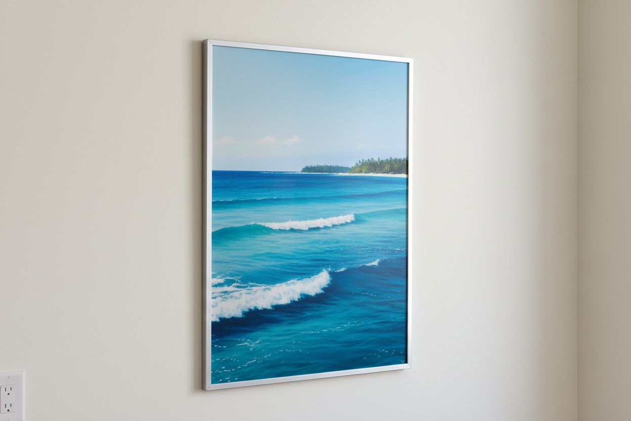 Mach ein Poster an einer Wand mit einem blauen Meer
